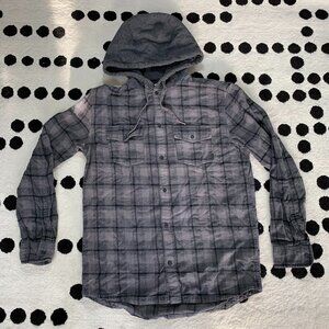Quicksilver Plaid Flannel Charcoal Casual Button Down Hoodie Shacket Sweatshirt